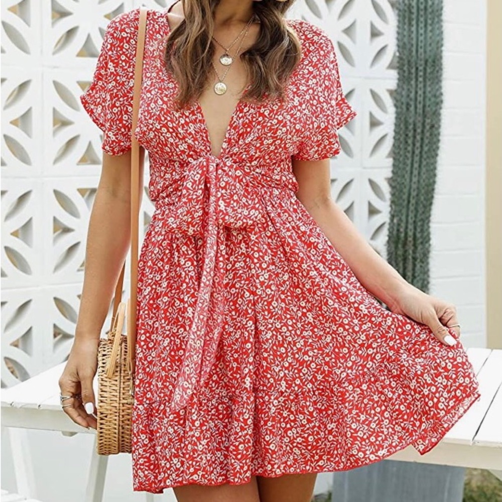 Red Floral Dress with a Front Tie